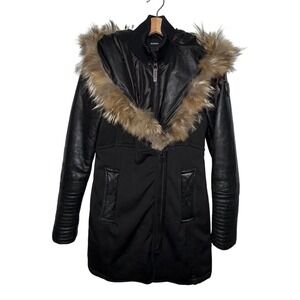 Rudsak Black Leather Sleeve Fur Trim Hooded Parka Women's S‎